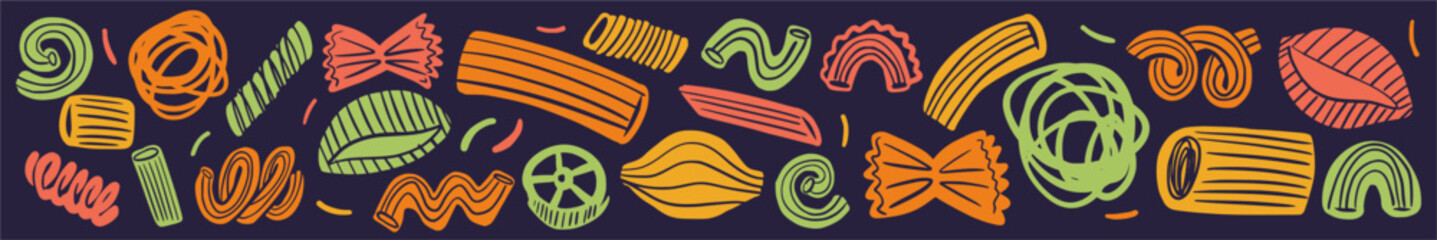 Vector horizontal illustration with a collection of different pasta hand-drawn in the style of a doodle