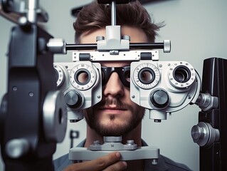 A person using the equipment to measure the diopters of the eyes. Ai Generative.