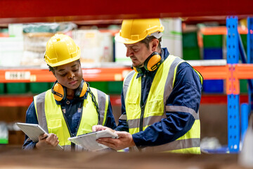 Warehouse workers checking the inventory. Products on inventory shelves storage. .Worker Doing Inventory in Warehouse. Dispatcher in uniform making inventory in storehouse. supply chain concept
