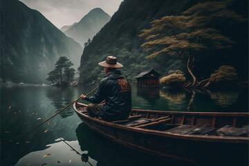 boats on the lake, a man in a straw hat on a river surrounded by trees and a rock wall in a sailor's outfit and a boat. Generative AI