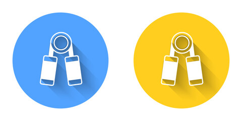 White Sport expander icon isolated with long shadow background. Sport equipment. Circle button. Vector