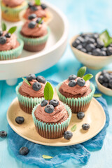 Delicious homemade cupcake with mint on blue table