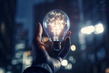 This striking image captures the essence of creativity and innovation, with a hand holding a light bulb representing a new idea. AI Generative.