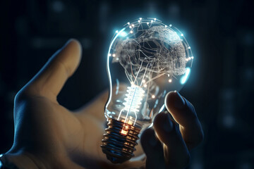This striking image captures the essence of creativity and innovation, with a hand holding a light bulb representing a new idea. AI Generative.