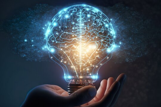 This striking image captures the essence of creativity and innovation, with a hand holding a light bulb representing a new idea. AI Generative.