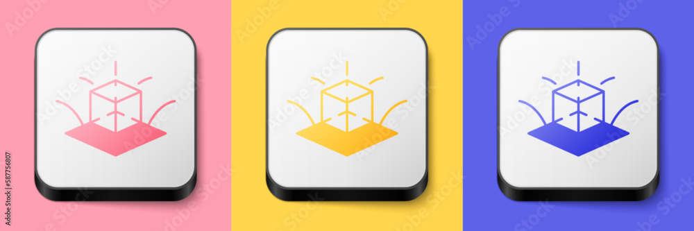 Poster isometric 3d modeling icon isolated on pink, yellow and blue background. augmented reality or virtua