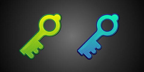 Green and blue Old magic key icon isolated on black background. Vector