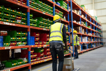  Warehouse workers checking the inventory. Products on inventory shelves storage. .Worker Doing Inventory in Warehouse. Dispatcher in uniform making inventory in storehouse.