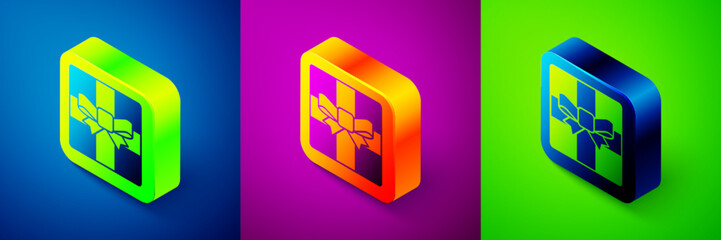 Isometric Gift box icon isolated on blue, purple and green background. Merry Christmas and Happy New Year. Square button. Vector