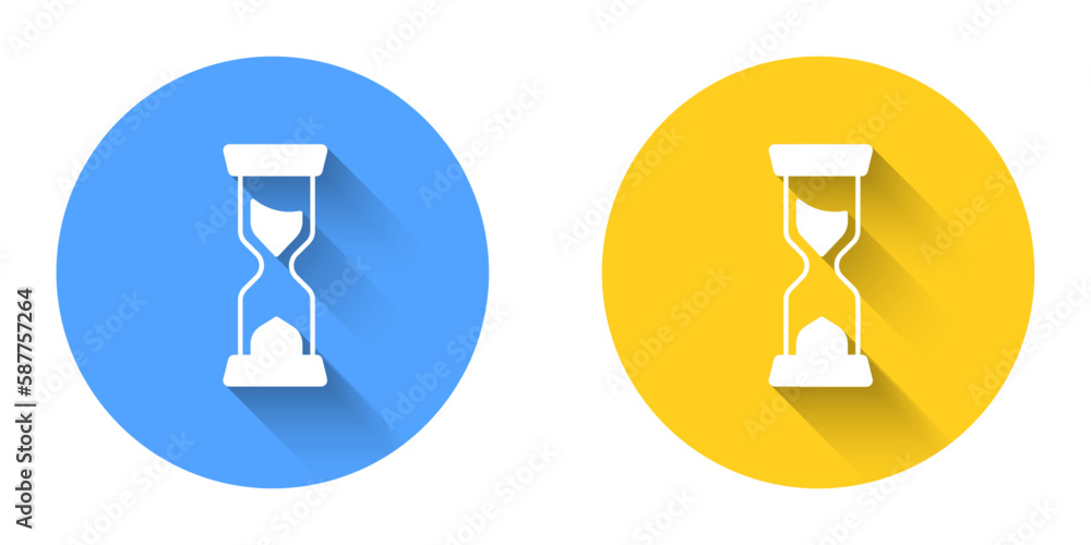 Poster white old hourglass with flowing sand icon isolated with long shadow background. sand clock sign. bu