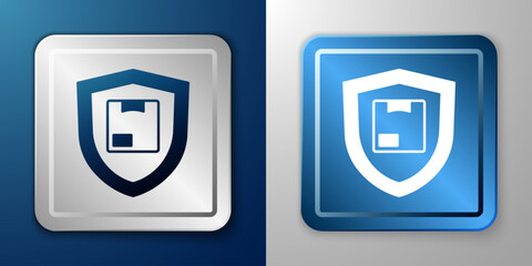 White Delivery security with shield icon isolated on blue and grey background. Delivery insurance. Insured cardboard boxes beyond the shield. Silver and blue square button. Vector