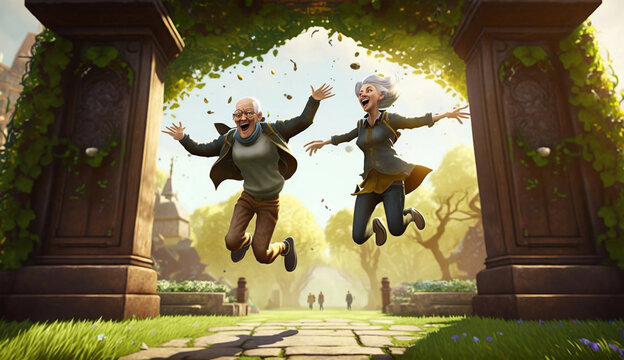 Happy Senior Couple Jumping In Park, Happy Enjoying Old Age, Generative AI