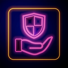Glowing neon Shield in hand icon isolated on black background. Insurance concept. Guard sign. Security, safety, protection, privacy concept. Vector
