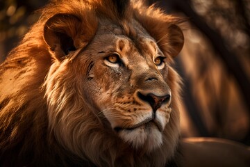 Portrait of a lion in the golden summer sun.