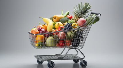 Shopping cart full of food on white background. Generative Ai