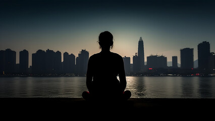 Silhouette of a woman seen from behind meditating in front of an urban skyline