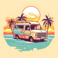 Dieser süße Cartoon-Truck am Strand verkörpert die perfekte Mischung aus Abenteuer und Entspannung und bringt die Sommerstimmung in Ihr Zuhause! Mit seinem retro-coolen Design und seiner entspannten A
