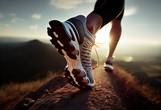 illustration of a young man running on a hill. focus on his shoes.
Created with Generative AI technology.