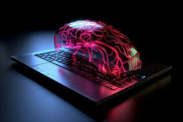 a virtual brain-shape illustration in neon colors emanating from a laptop, representing the power of technology in unlocking the secrets of the mind & AI Learning. AI Generative.