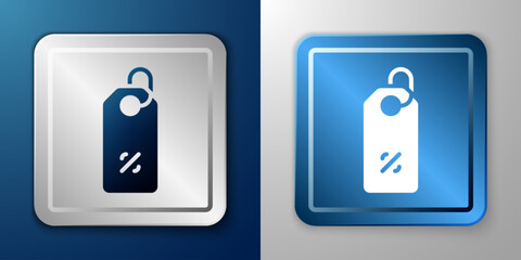White Discount percent tag icon isolated on blue and grey background. Shopping tag sign. Special offer sign. Discount coupons symbol. Silver and blue square button. Vector