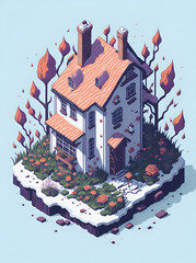 Country side isometric house with flower splash. AI generated illustration