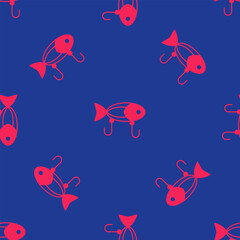 Naklejka na ściany i meble Red Fishing lure icon isolated seamless pattern on blue background. Fishing tackle. Vector