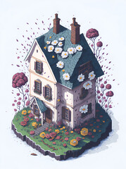Country side isometric house with flower splash. AI generated illustration