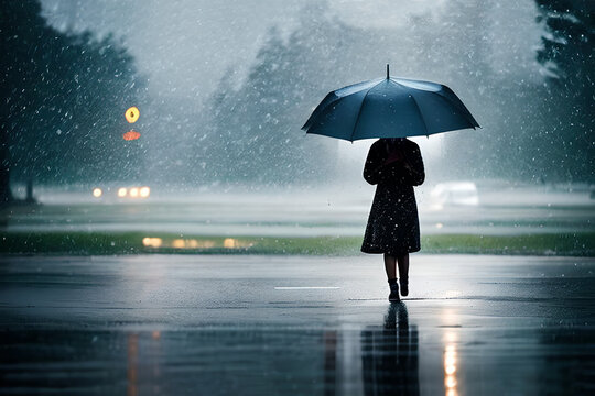A people with an umbrella in the middle of heavy rain at the road background. Generative AI.