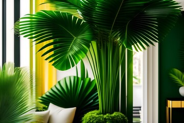 Graphic representation of Tropical Oasis in a White Room. Generative AI. 