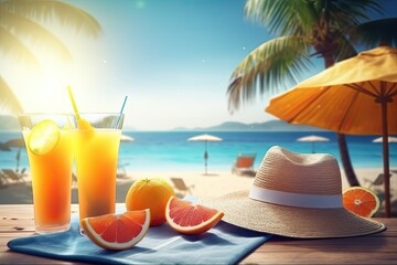 Obraz premium Tropical beach with sunbathing accessories, sunglasses, summer holiday concept background