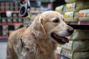 portrait of a happy golden retriever dog in a garden and pet shop, dogs allowed in the store, dog friendly shop