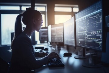 A busy office lady working on a desktop computer, surrounded by multiple screens, highlights multitasking and efficiency in the modern workplace. AI Generative. 