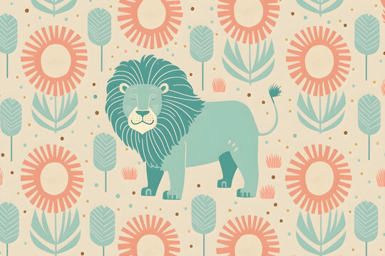 Seamless cute groovy pattern with lion and flower, pastel colour (generative AI)