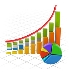 Fototapeta premium Rising sale bars and pie chart showing financial data on transparent background. 3D illustration