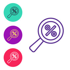 Set line Magnifying glass with percent discount icon isolated on white background. Discount offers searching. Search for discount sale sign. Set icons colorful. Vector