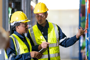  Warehouse workers checking the inventory. Products on inventory shelves storage. .Worker Doing Inventory in Warehouse. Dispatcher in uniform making inventory in storehouse.