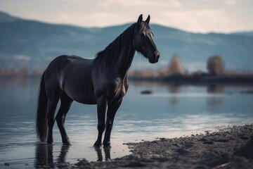 Black Horse Standing In Front Of A Lake With Mountains In The Distance. Generative AI