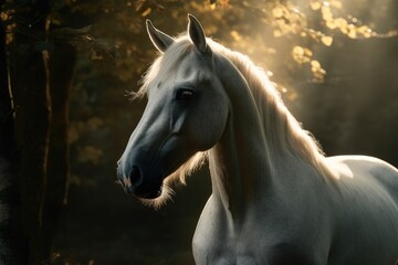 Obraz premium A White Horse Standing In A Field With A Fence And Trees In The Background. Generative AI