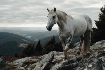 Obraz na płótnie Canvas A White Horse With A Black Mane And Tail Standing On A Rocky Hilltop. Generative AI