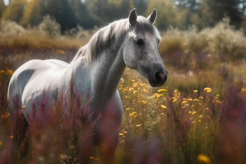 Obraz na płótnie Canvas A Gray Horse Grazing In A Field Of Purple Flowers. Generative AI