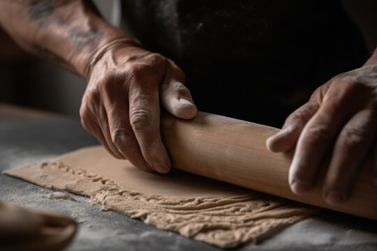 Clay Being Rolled Out With A Rolling Pin. Generative AI
