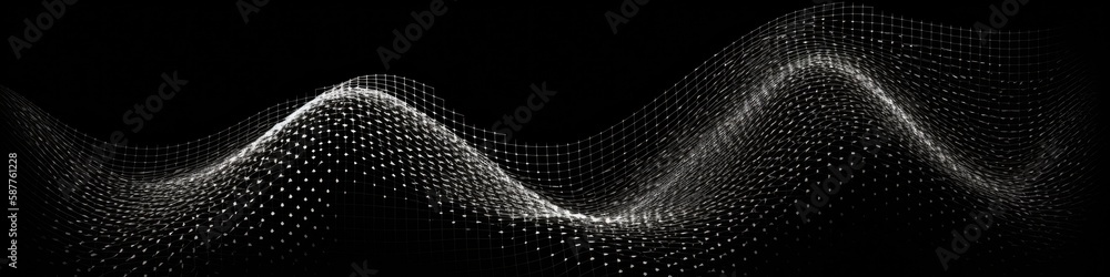 Poster dynamic wave elements of black dots on a black background. banner, web design. generative ai
