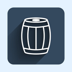 White line Wooden barrel icon isolated with long shadow background. Alcohol barrel, drink container, wooden keg for beer, whiskey, wine. Blue square button. Vector
