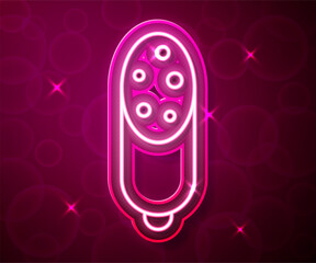 Glowing neon line Salami sausage icon isolated on red background. Meat delicatessen product. Vector