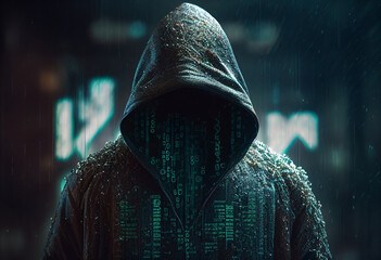 A hacker man wearing a hoodie, surrounded by Matrix rain, representing the world of cybersecurity and hacking. Perfect for technology, cybersecurity, and futuristic concepts. AI Generative.