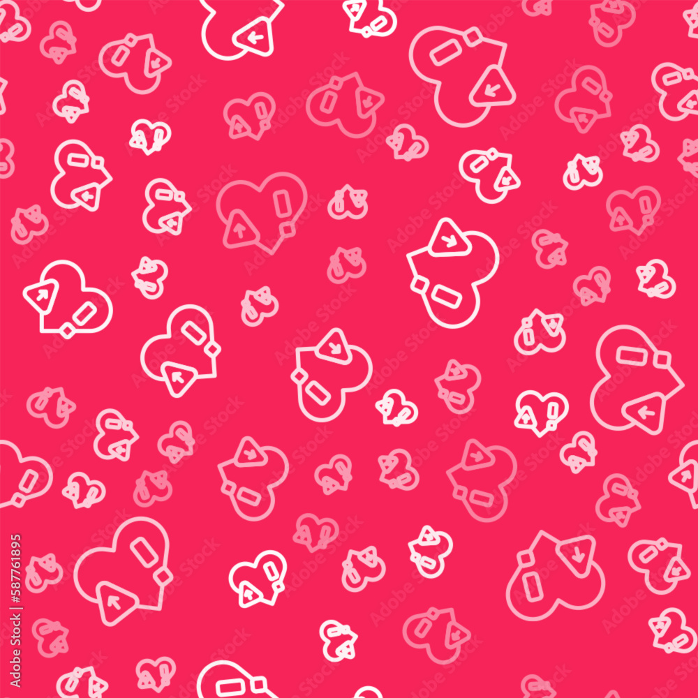 Aufkleber white line heart rate icon isolated seamless pattern on red background. heartbeat sign. heart pulse 