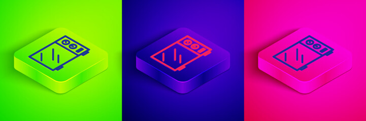 Isometric line Microwave oven icon isolated on green, blue and pink background. Home appliances icon. Square button. Vector