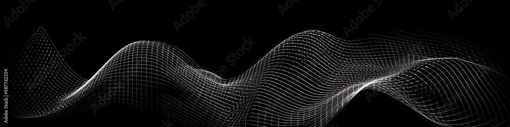 Poster dynamic wave elements of graygrey dots on a black background. banner, web design. generative ai