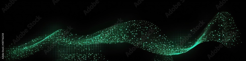 Poster dynamic wave elements of green dots on a black background. banner, web design. generative ai