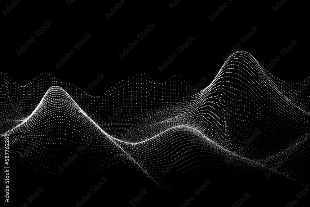 Poster dynamic wave elements of graygrey dots on a black background. generative ai
